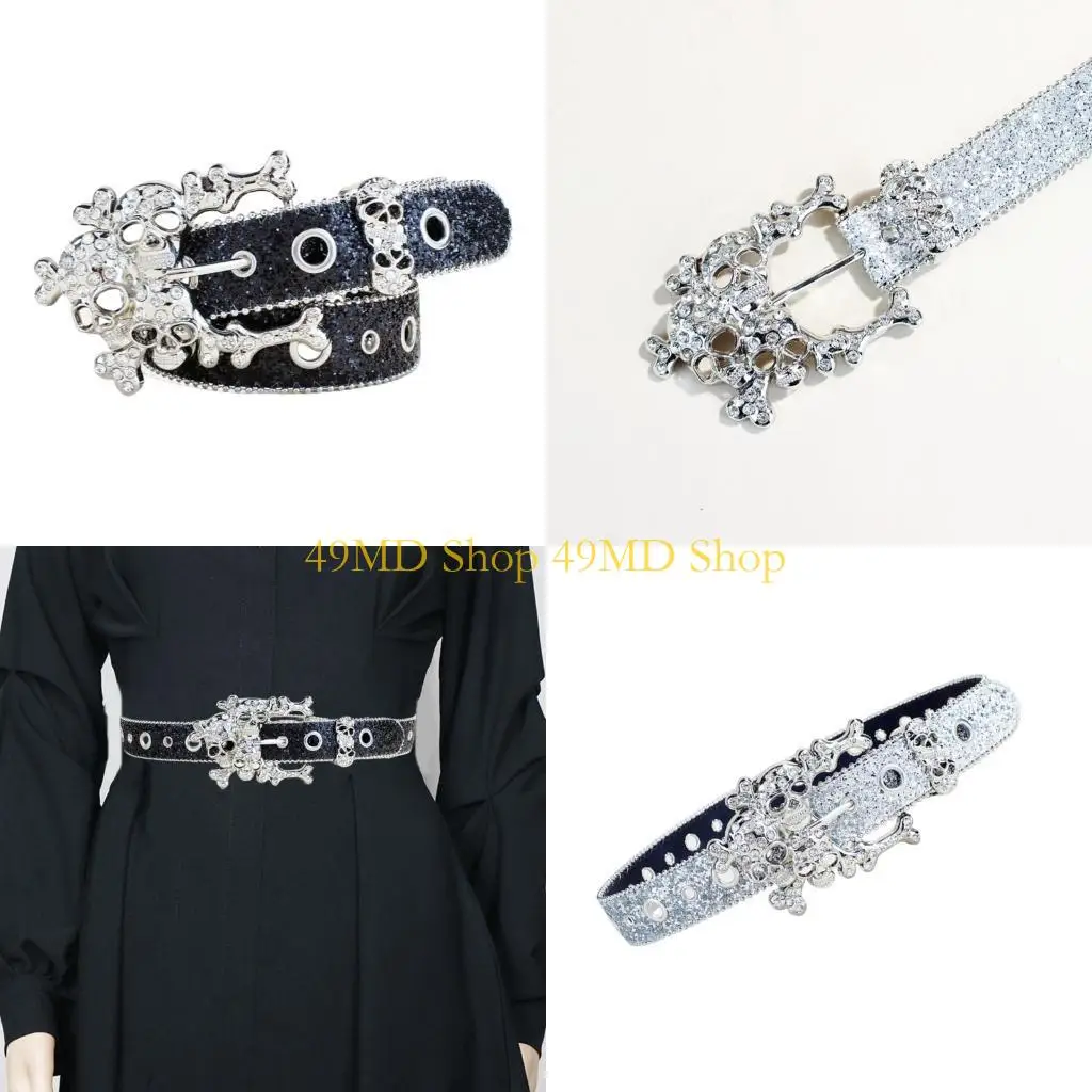 

49MD пояс со стразами и пряжкой в ​​виде черепа, крутой ремень для повседневных и формальных женщин и девочек