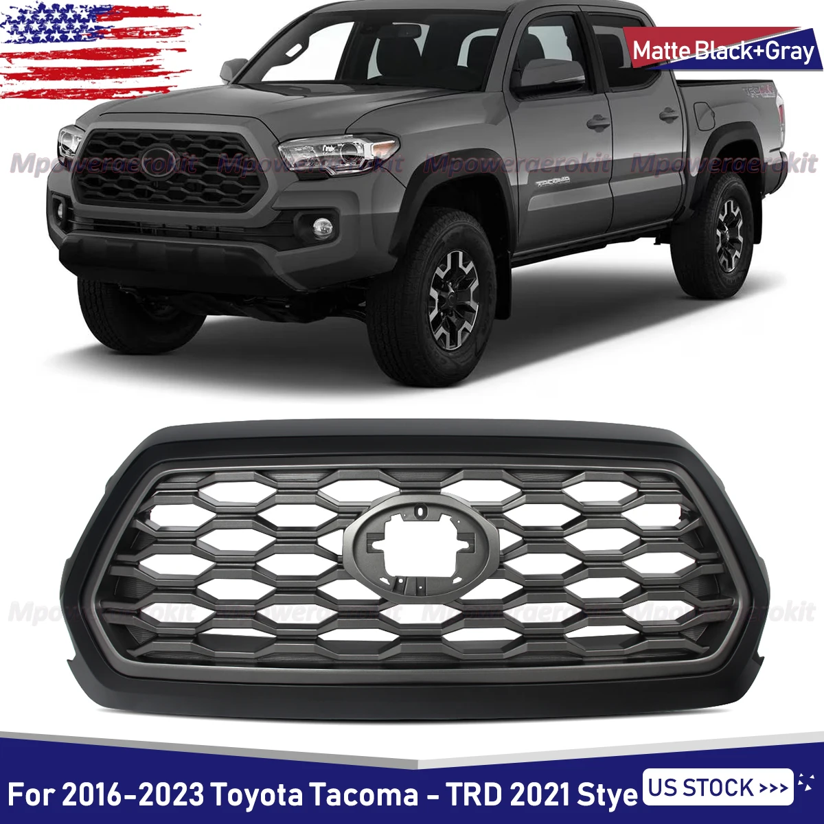 Magickit Mesh Grille Front Bumper Upper Grill Assembly Matte Black For Toyota Tacoma 2016-2023 2021TRD Honeycomb Radiator Grille