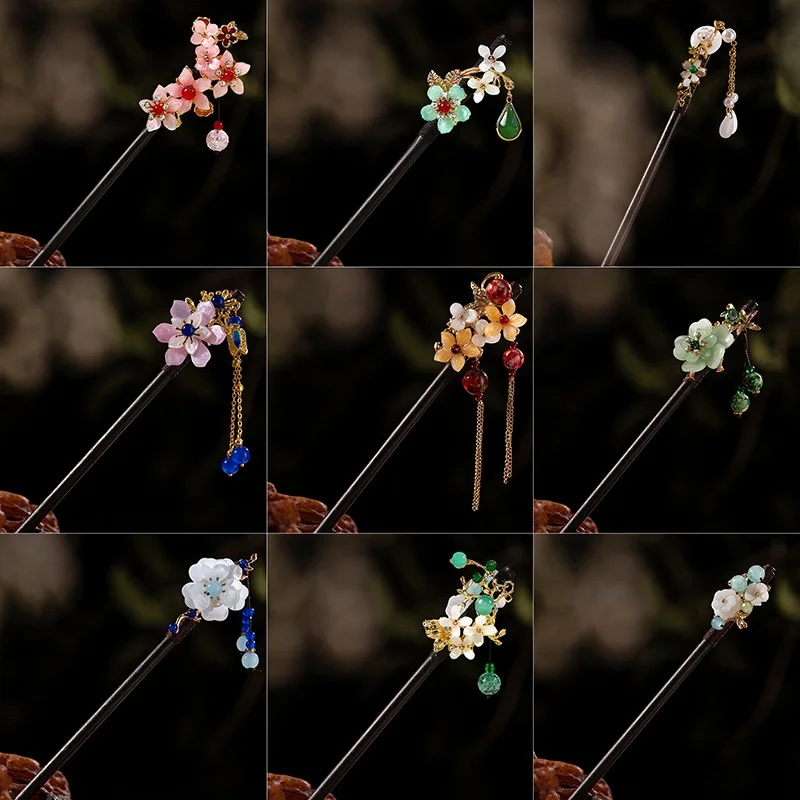 Tocado con horquillas de madera para mujer, palitos para el cabello con borlas de flores de estilo chino, accesorios para peinados, regalos, 1 ud.