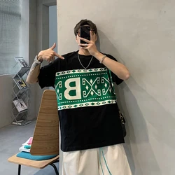 Men's Contrast Printing Plus Size T Shirts Summer New Short Sleeve O-neck Youth Casual Tops Tees Fashion Vintage Men Clothing