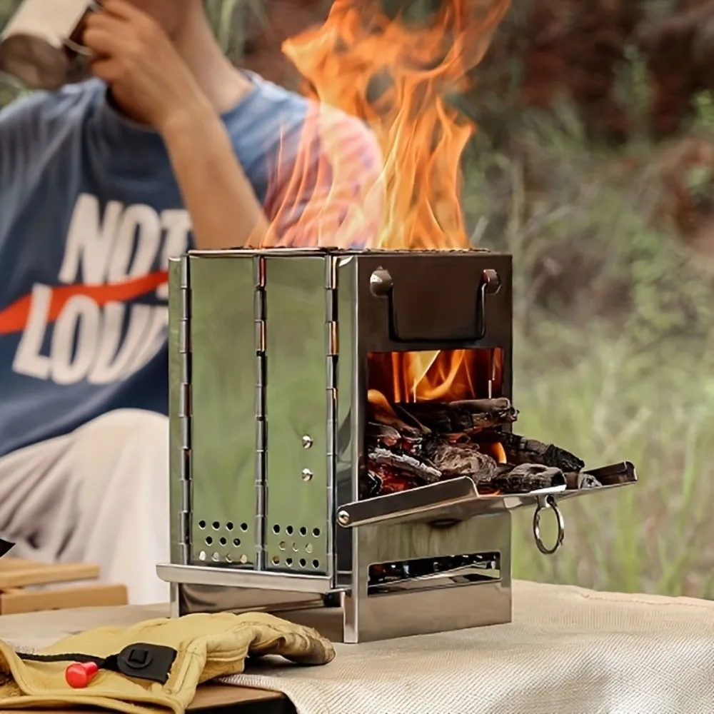 Stainless Steel Mini Wood Stove Portable Firebox Opening Backpacking BBQ Grill Fireplace with Storage Bag Folding Fire Pit Stove