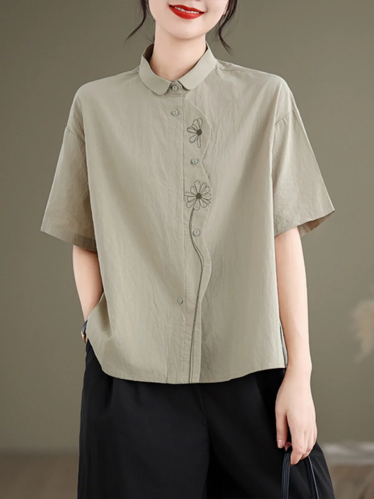 2026 New Casual Faion plus Size Embroidered Pure Cotton ort Sve irt Summer New Sle Slimming Loose Fit Versatile Women's Top