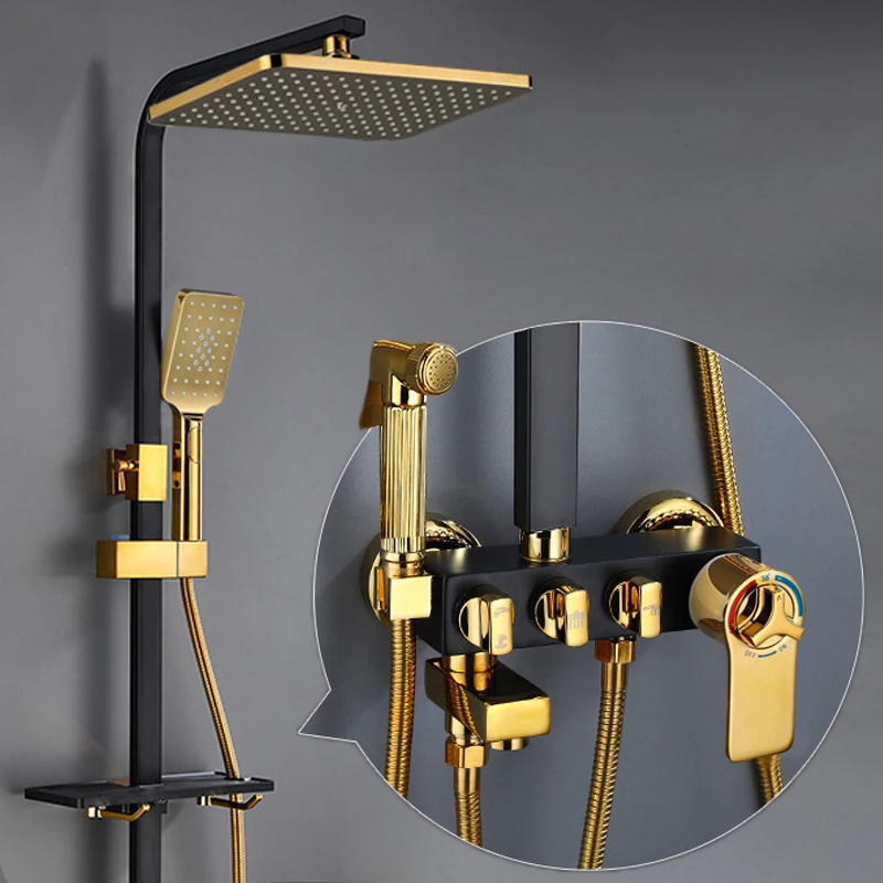 Hot Cold Gold Bathrooom Shower Set 12 Inch Rain Shower Head Brass Bathroom Mixer Faucet Thermostatic Bathroom Shower System