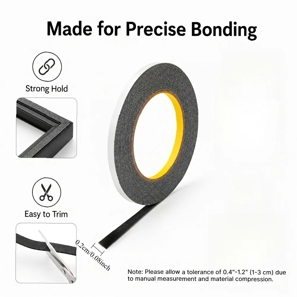 3 Rolls 2mm×50m Black Foam Double-Sided Thin Tape for Digital Screen Frame Fixing Sealing Strip, Strong Adhesive