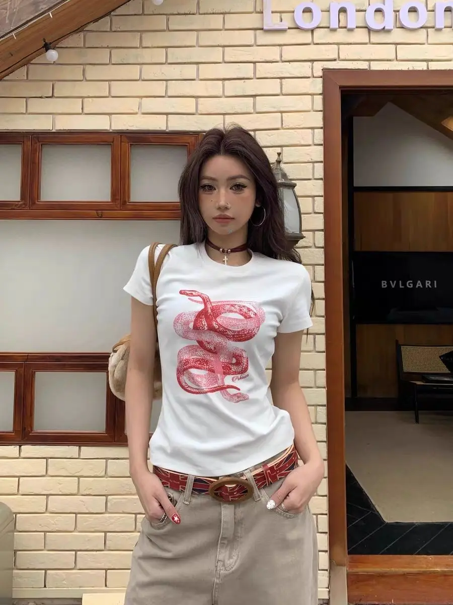 Slim Fit Graphic Print Short Sleeve T-Shirt Women's Y2K Style Ins Casual Retro Snake Print Grunge Baby Tee