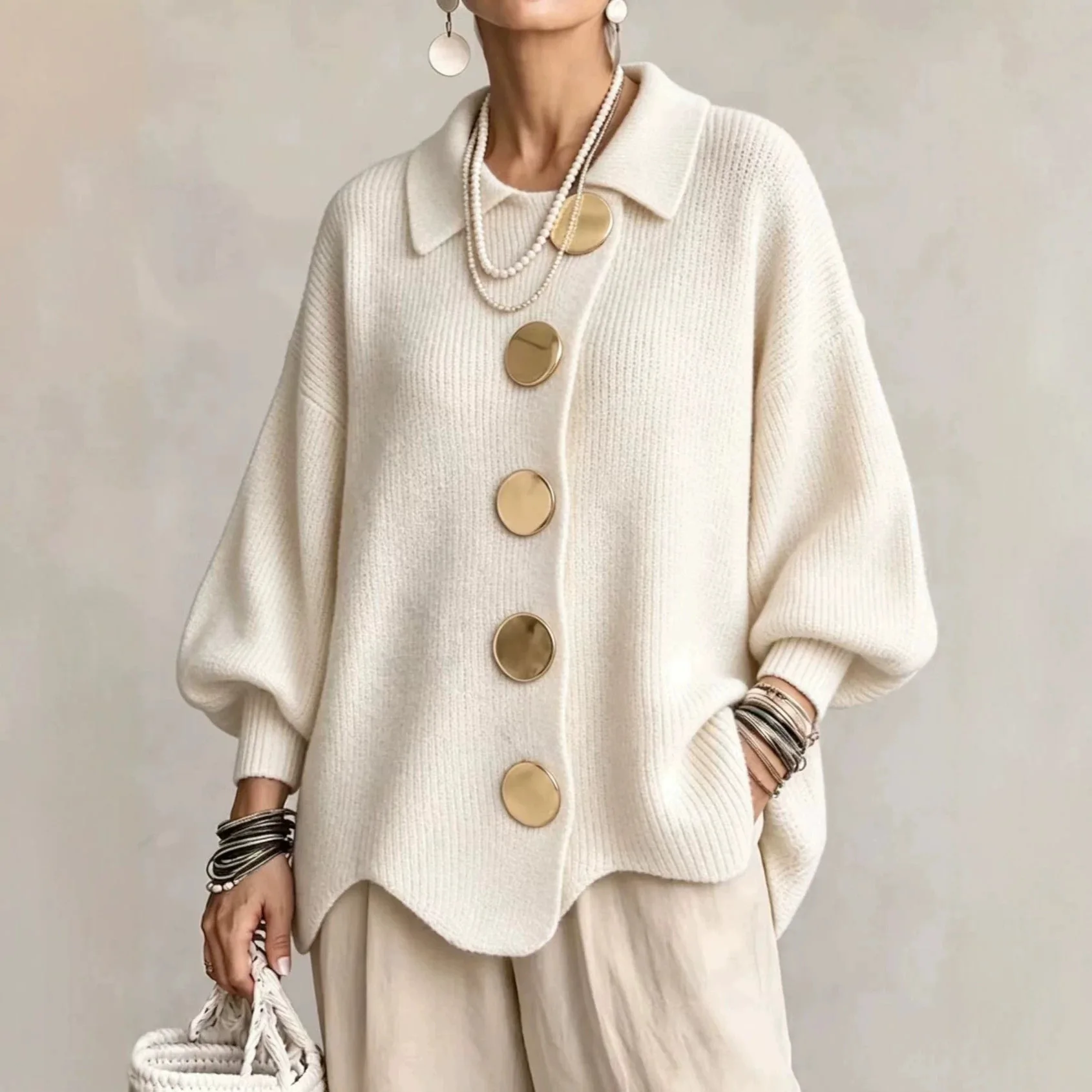 Chic Metal Button Sweater Fall Winter Fashion Irregular Hem Commuter Jumper Elegant Cardigans Solid Single Breasted Sweater Coat