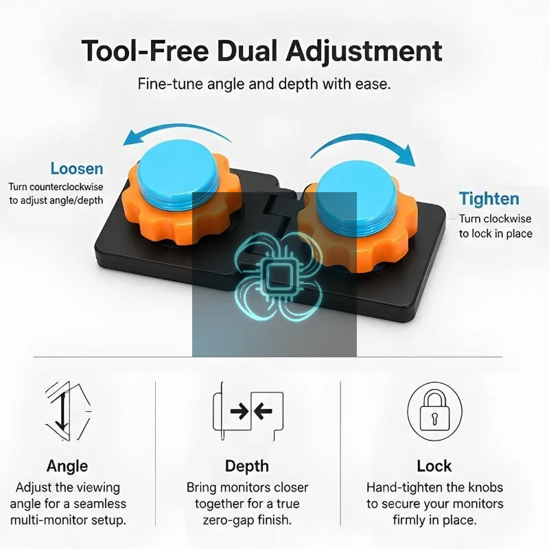 Universal Dual Monitor Alignment Clip, Tool-Free Zero-Gap Screen Connector, Double-Sided Adhesive Fixer Bracket for Dual Screen