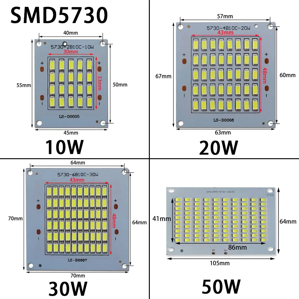 Plaques de remplacement pour projecteurs extérieurs, puces LED, perles SMD, plafonniers et panneaux, 10W, 20W, 30W, 50W, PCB