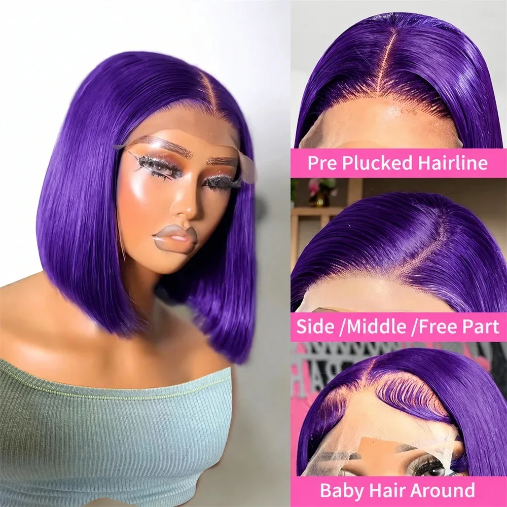 Purple Wig Short Bob Lace Front Wig 13x4 HD Straight Synthetic Natural Hairline Tiny Knots Pre Plucked Beginner Friendly Cosplay