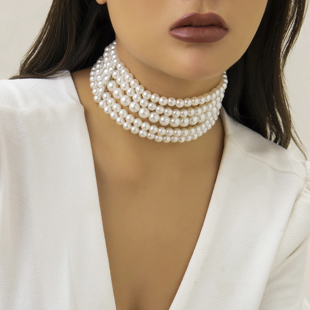 Salircon Koreaanse Exquisite Multilayer Imitatie Parel Korte Choker Fashion Charm Kraag Ketting Voor Party Wedding Vrouwen Sieraden