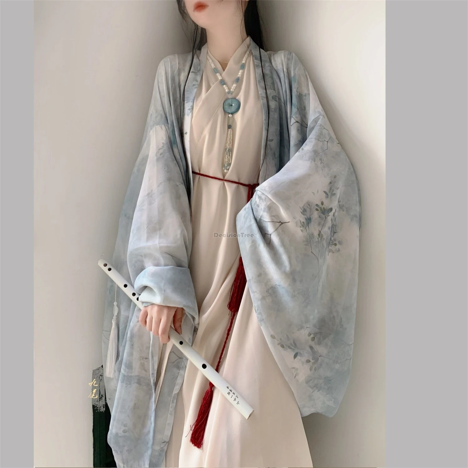 

2025 improved spring summer chinese ancient weijin style hanfu costume women cross collar long sleeve printed daily loose hanfu