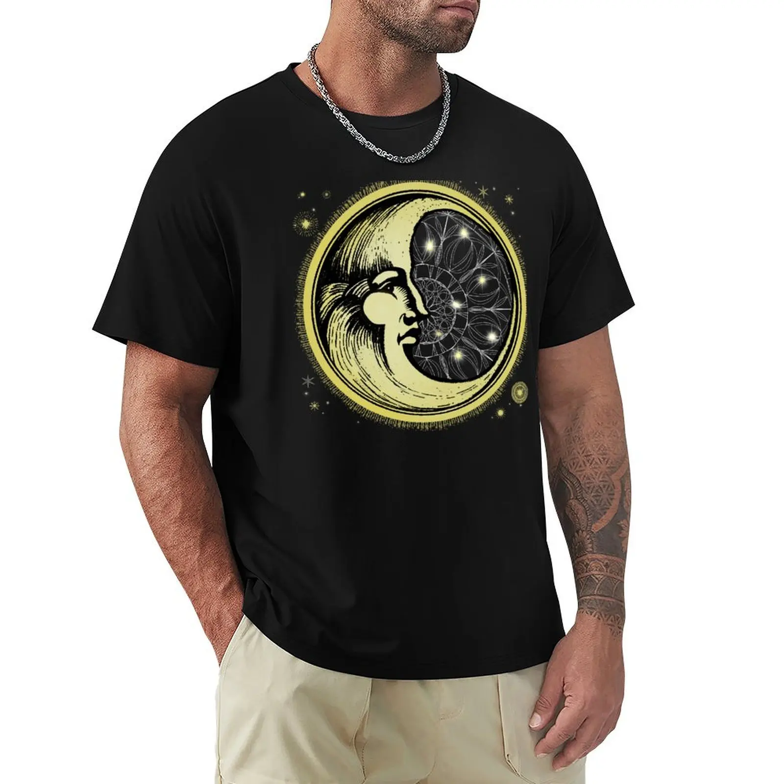 

Celestial Antique Man In The Moon Watercolor Batik T-Shirt Basic Solid Tee for Daily Use