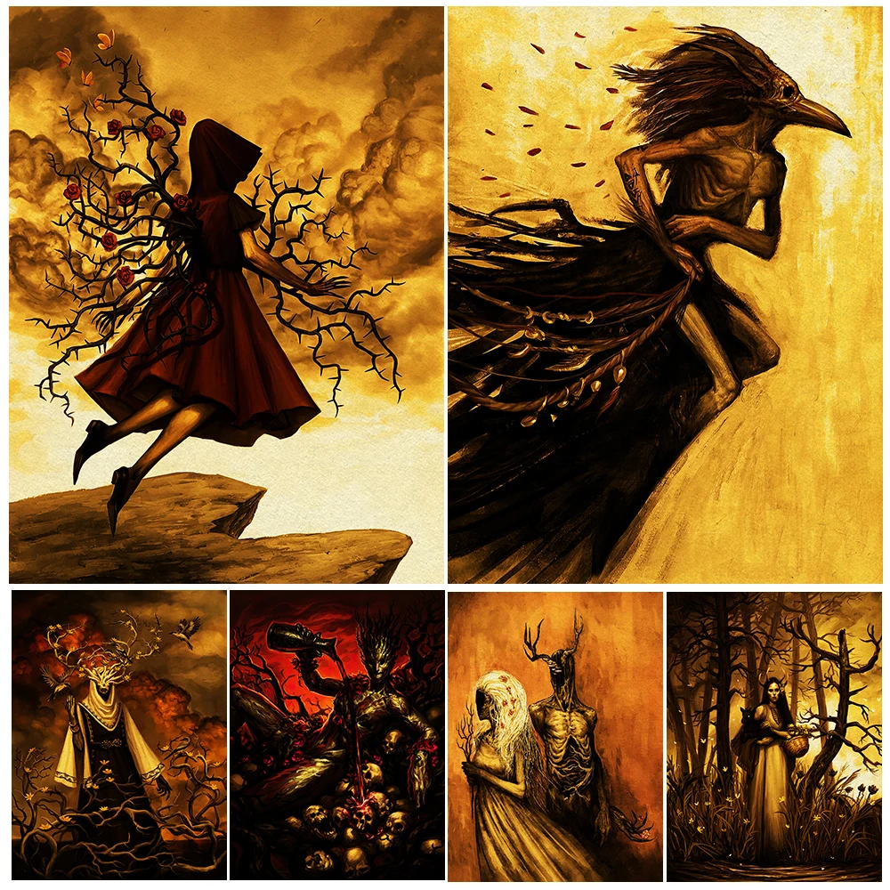 

Woodland Shaman Witch And Bramble Rose Vintage Wall Art Canvas Painting Witchcraft Calling Ceremony Art Poster Print Home Decor