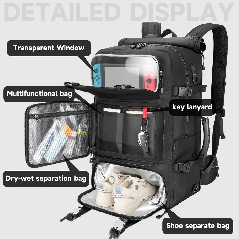 磁気留め具付きメンズ60Lトラベルバックパック、機内持ち込み可能、大型ジムダッフル、靴と水筒用コンパートメント付き