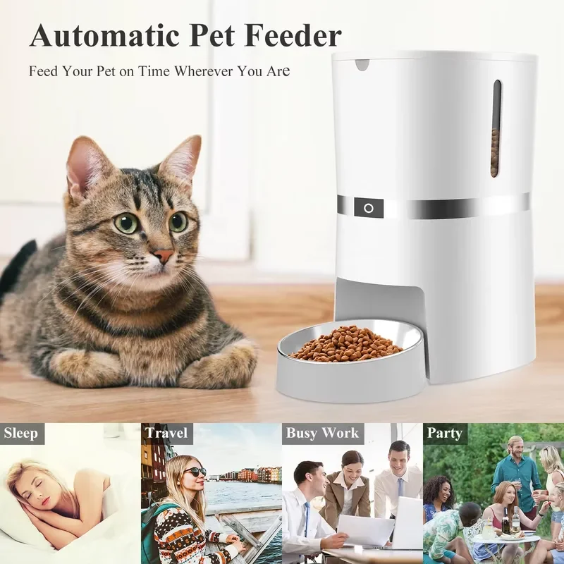 Automatic Pet Food Feeder with Stainless Steel Bowl and Voice Recording Function for Dogs and Cats