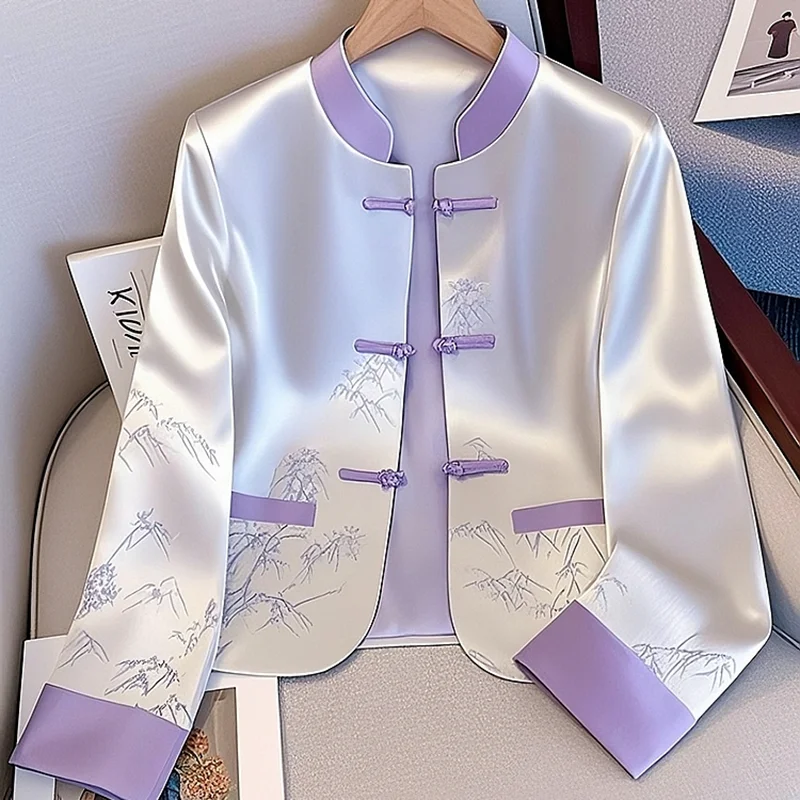 

National Wind Purple Satin Short Coat Women's 2025 Spring New Chinese High-End Buckle Jacket improved Tang Suit Casual Outwear