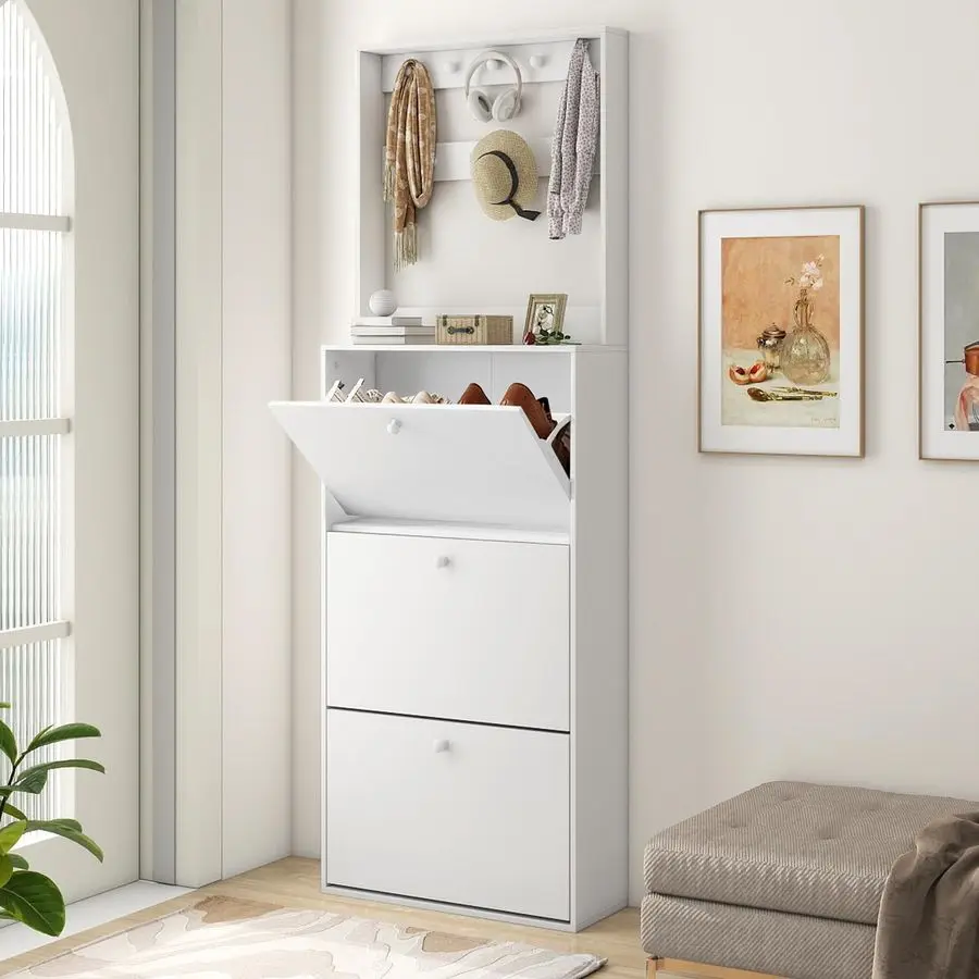 

Тумба для хранения с 3 откидными ящиками, узкий шкаф для обуви с 9 крючками для одежды, отдельно стоящий тонкий органайзер для обуви