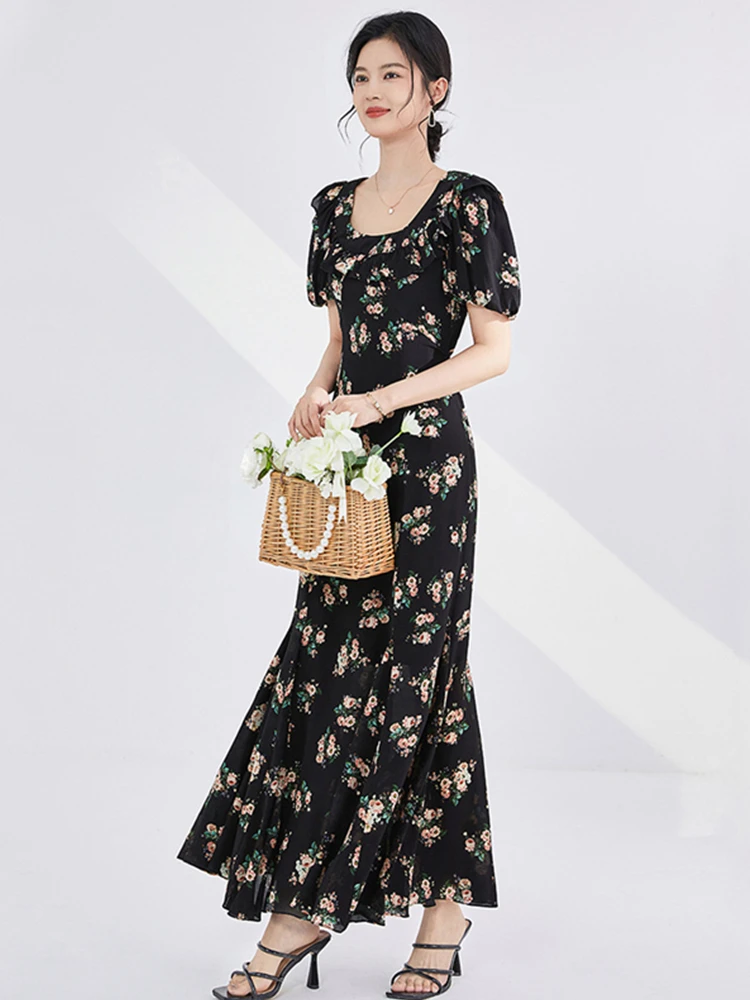 กระโปรงยาวทรงเอ ผ้าไหมพิมพ์ลายดอกไม้ สำหรับผู้หญิง คอลเลคชั่นฤดูร้อน 2025 รุ่นใหม่ เอวสูง ทรงยู