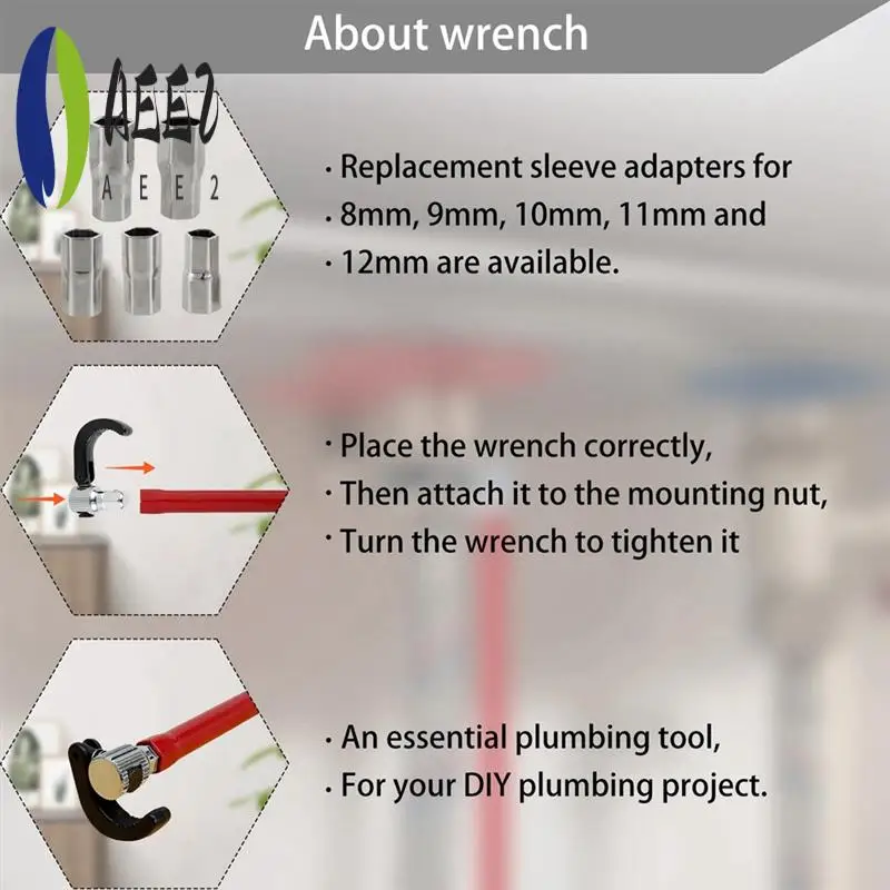 

AEE2-Faucet Wrench Carbon Steel Plumber Socket Wrench With 5 Sockets And 1 Chuck Tap Back Nut Wrench Kitchen Sink Keys