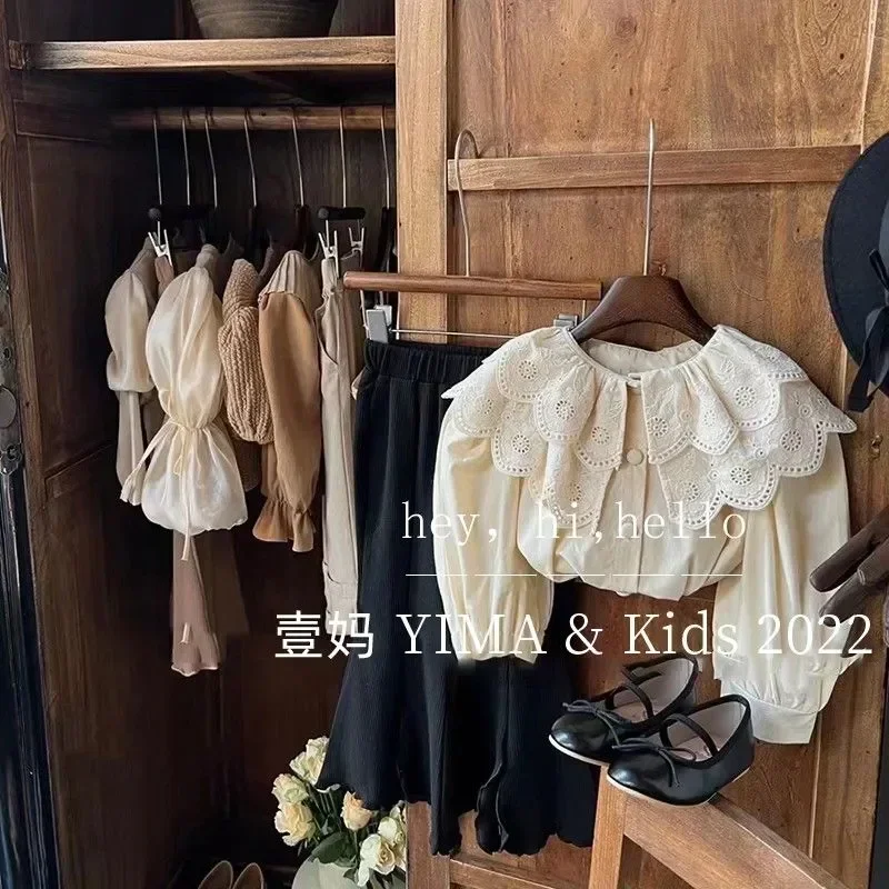 Children's Clothing 2-10Y Girls Spring and Autumn Retro Fashionable Lace Shirt Baby Fashion Solid Color Versatile Top