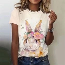 3D Printed Colorful Rabbit T-Shirt For Women Cartoon Animal Graphic Short Sleeves Casual Fashion Oversized T Shirts O-Neck Tees