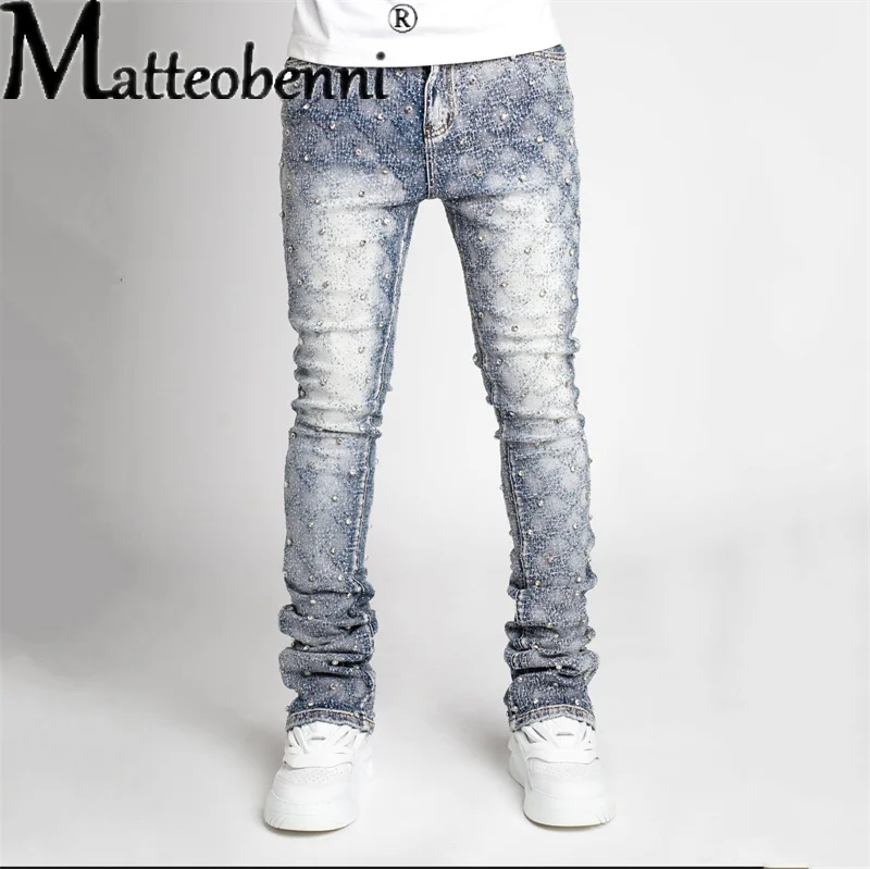 

Модные прямые джинсы в стиле панк с металлическими украшениями, мужские повседневные джинсовые брюки с карманами на четыре сезона, мужские молодежные брюки 2025