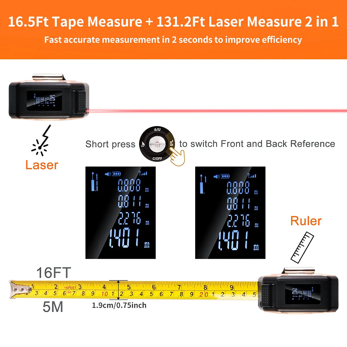 1pc Laser Tape Measure 2 In 1 Digital Tape Measure High Precision Laser Rangefinder Steel Tape Measure