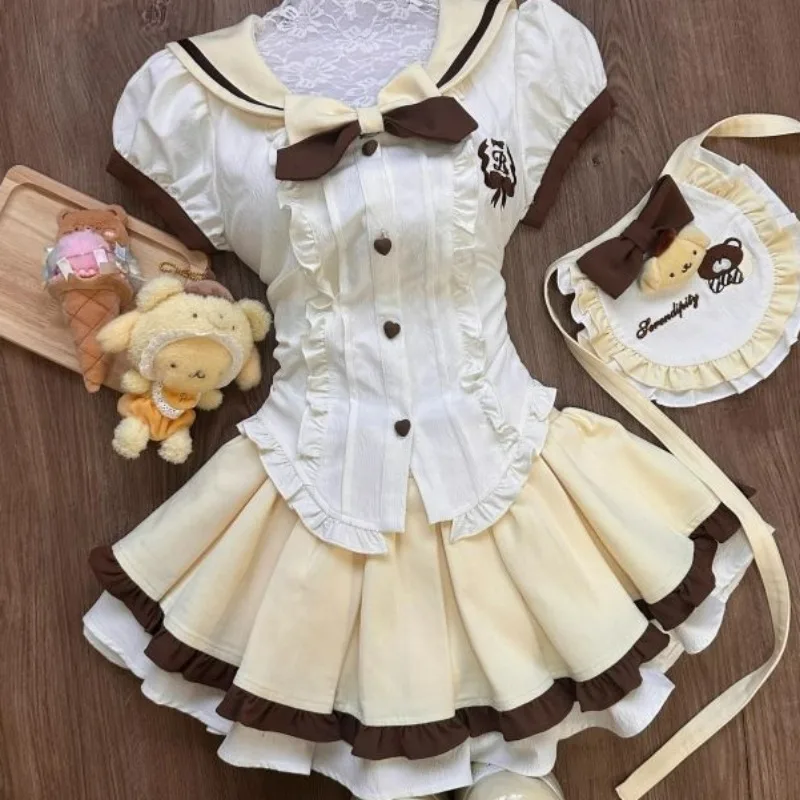 Japanese Sweet Lolita Style Skirt Set Women Kawaii Sailor Collar Bow Shirt Top Cute Pleated Skirt Y2k with Apron Mini Skirt Suit