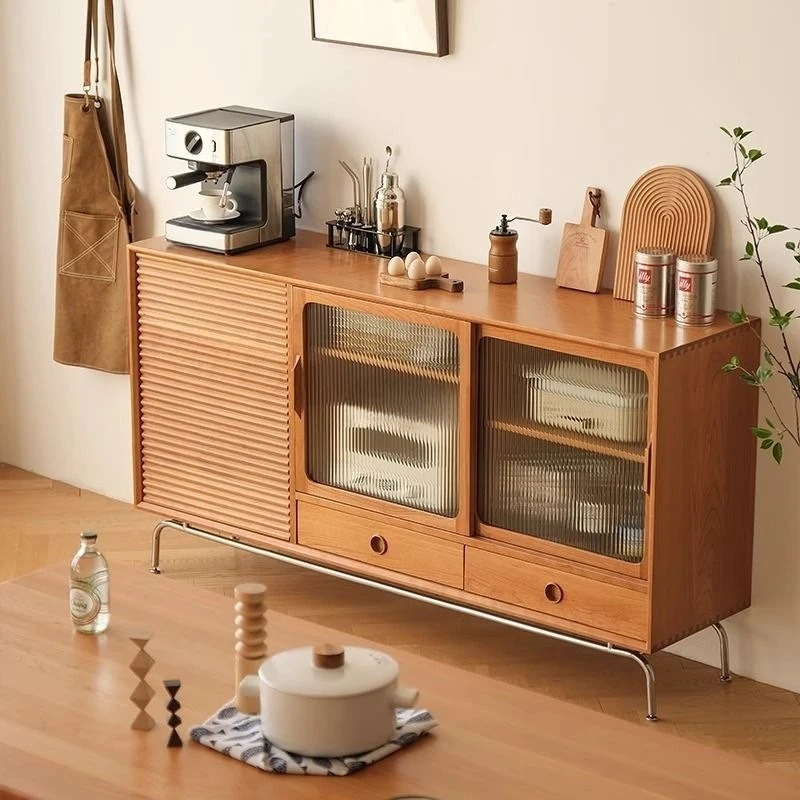 Nordic solid wood dining side cabinet medieval simple living room entrance cabinet storage wine cabinet Japanese glass