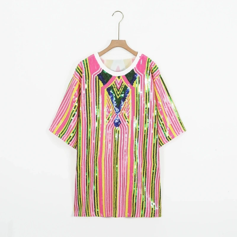 

Rainbow Patchwork Color Hip Hop Short Sleeve T-Shirt Summer New Sequin Loose Streetwear High Quality Night Club Women's Tops