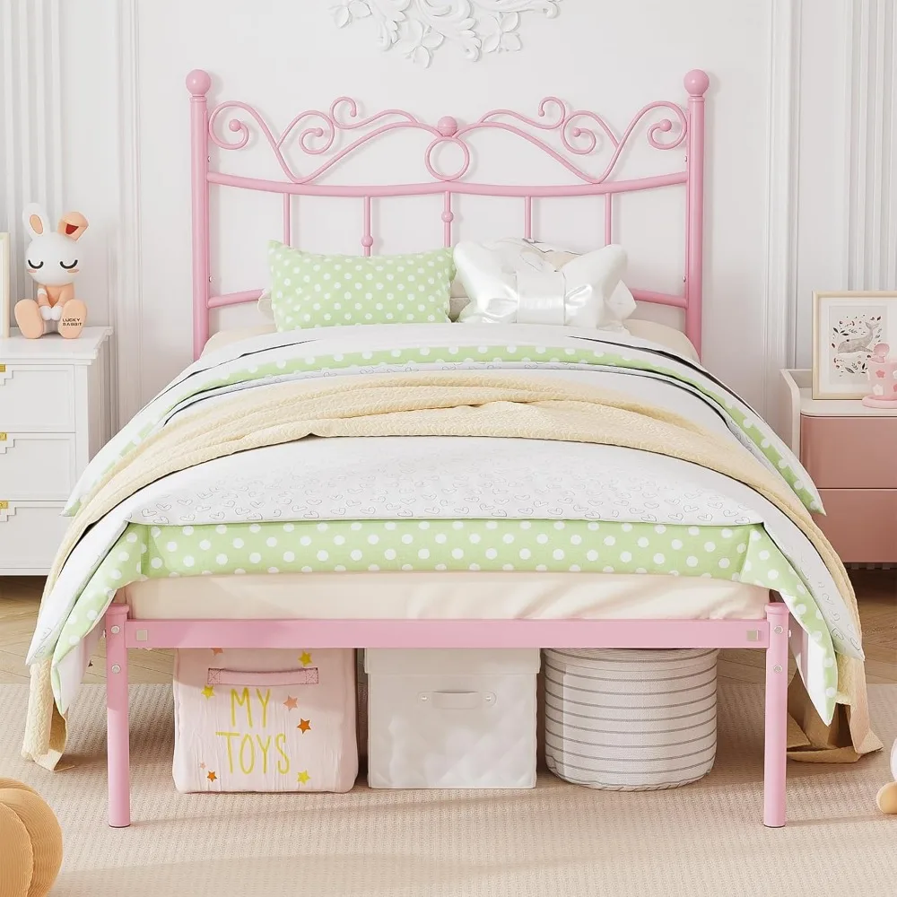 

Twin Bed Frames with Headboard, Elegant Metal Pink Bed Frame for Kids Girls, Modern Heavy Duty Twin Size Platform Bed