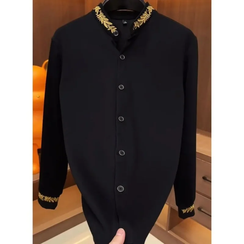 Men's Black Mandarin Collar Long Sleeve Shirt Gold Embroidery Trim Button Front Slim Fit Casual Fashion Top