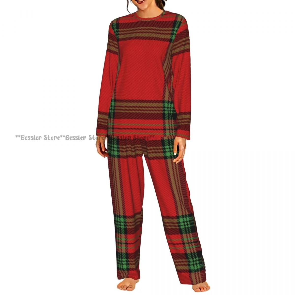 Women Casual Round Neck 2PCS Sleepwear Set Long Sleeve Shirt & Long Pants Tartan Plaid Scottish Daily Home Loungewear