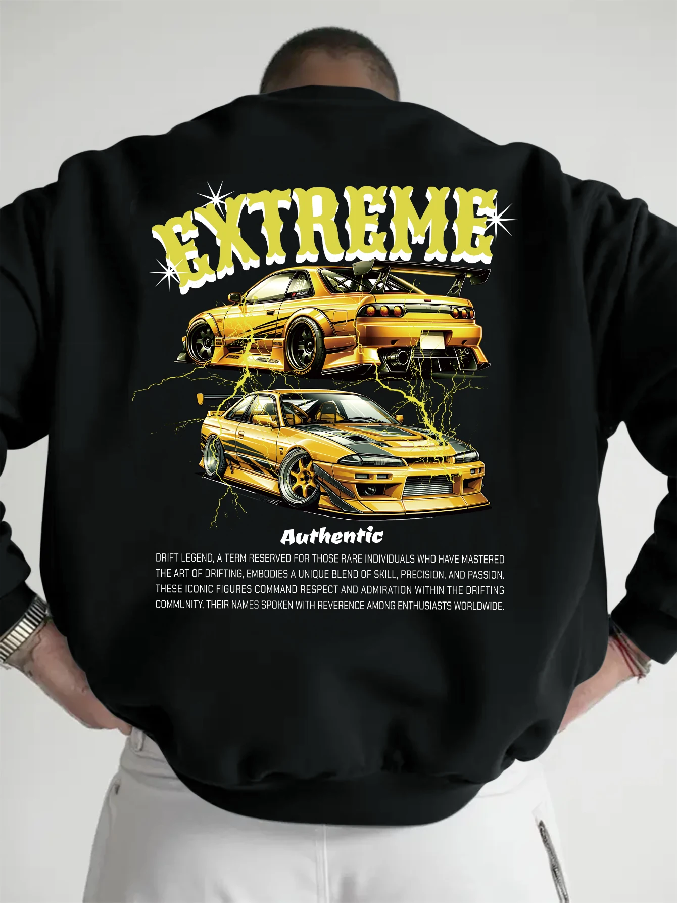 Racing Men Sweatshirt, Yellow JDM Tuned Cars Lightning Effect 