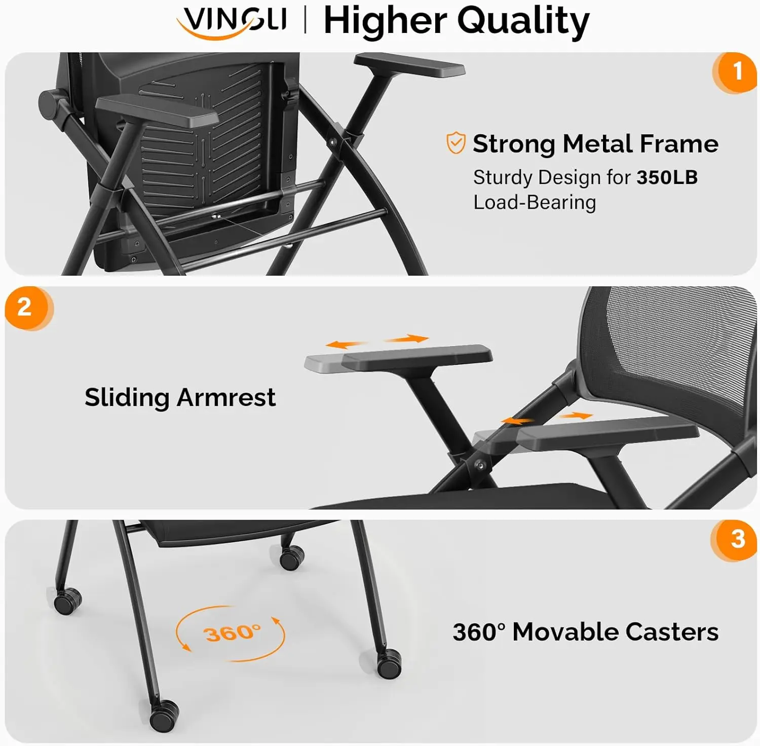 Vingli เก้าอี้ห้องประชุมแบบวางซ้อนกันได้ 4 แพ็คพร้อมล้อเลื่อน, เก้าอี้สํานักงานพับได้พร้อมพนักพิง, เบาะนั่งสําหรับการฝึกอบรม