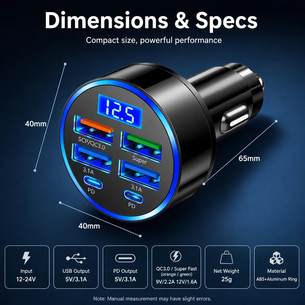 Cargador de coche de 100W y 6 puertos, carga rápida PD Qc3.0, cargador de teléfono USB C, adaptador tipo C para coche, para iPhone, Samsung, Huawei, Xiaomi