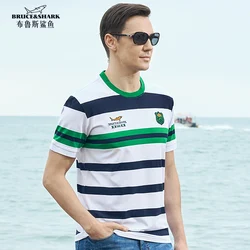 New Summer Straight Men's Round Neck T-shirt Short Sleeved Bruce&Shark Breathable Men's Stripe Tee Loose Clothing Big Size 4XL