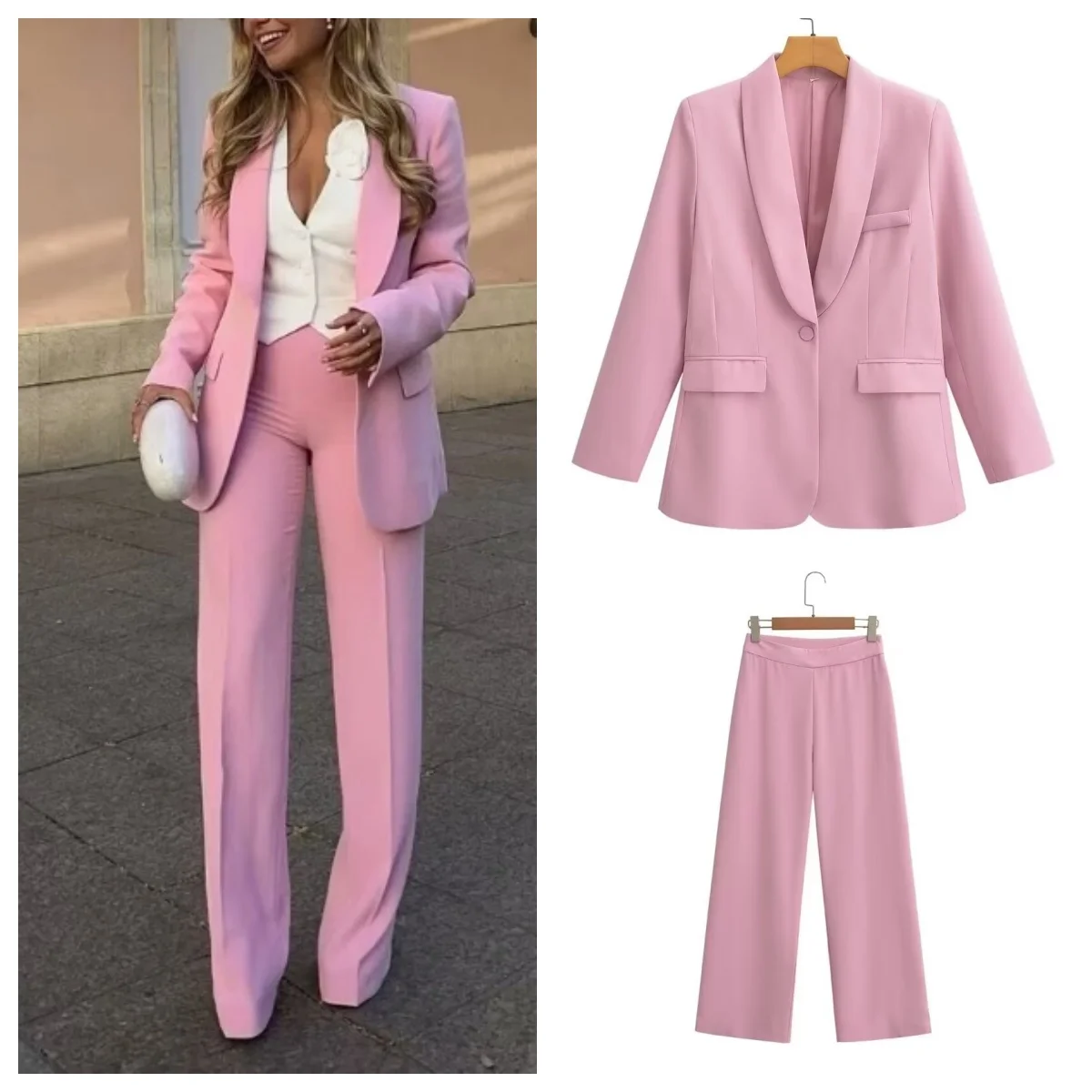 

Fashionable and high-end lapel slim fit suit jacket with high-waisted straight casual pants women's suit
