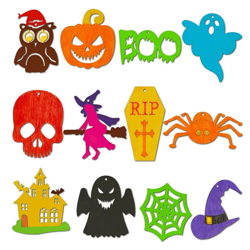 10Pcs Halloween Wooden Crafts Spider Pumpkin Ornament For Halloween Home Party Hanging Decorations Kids DIY Painting Gifts