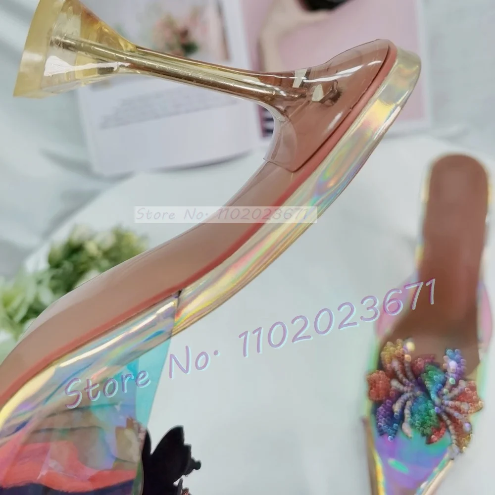 Crystal Flowers Pvc Slippers Women Colorful Pointy Bling Wine Glass Heel Shoes Summer Casual Outfit Multicolor Evening Mules