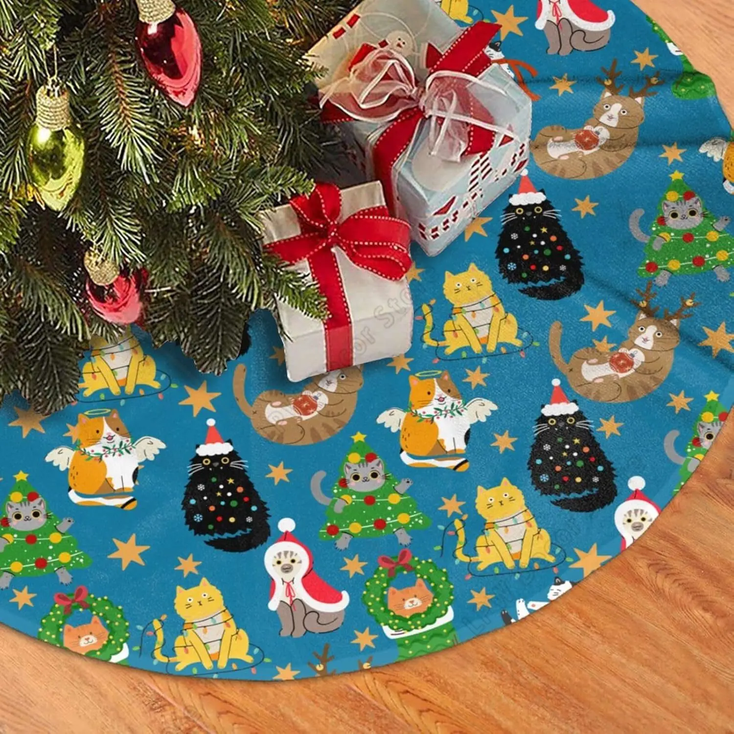 Falda de árbol de Navidad con gatos bonitos, faldas de árbol de animales Kawaii azules, estera de Navidad de Papá Noel, adornos para fiestas de Año Nuevo de granja