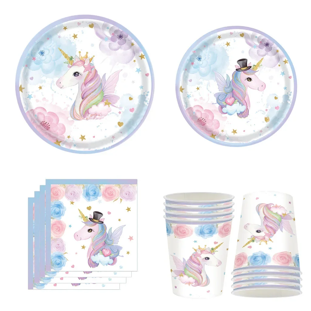 8Guests Unicorn Theme Birthday Party Disposable Tableware Princess Girl Birthday Party Rainbow Unicornon Plates Cups Napkins