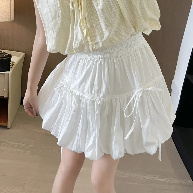 Sweet Bow Pleated Fluffy Skirts for Women Summer Elastic Waist Lantern Skirt Woman Loose White A-Line Short Skirts