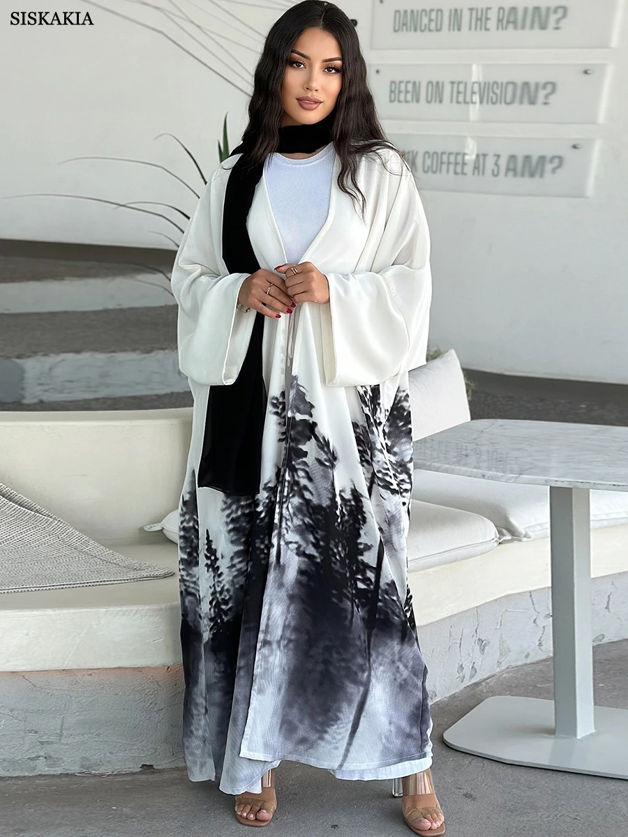 Siskakia Female Cardigan Muslim Dress Stylish Tie Dye Floral Print Abaya Jalabiya Dubai Ramadan Caftan Marocain Femme Kimono