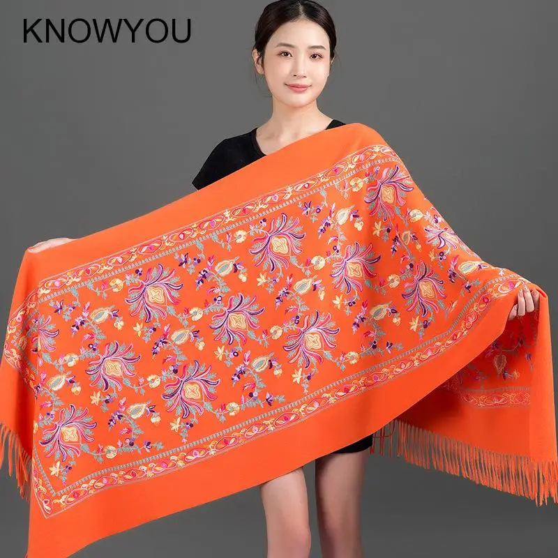 

Embroider Cashmere Pashmina Lady Soft Wrap Bufanda Retro Women Long Shawl Travel Reversible Hijabs Thick Warm Scarves Capes