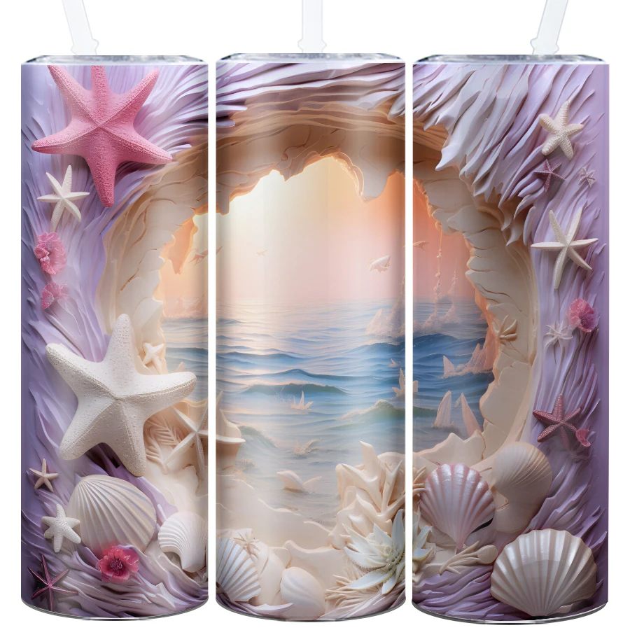 20oz Skinny Tumblers Straw Lid 3D Print Starfish Shell Summer Ocean Beach 1Pc Stainless Steel Hot Cold Insulated Coffee Cups