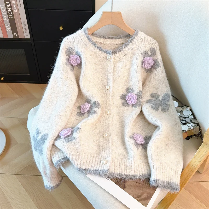 

Женский кардиган-свитер с цветочной вышивкой и жаккардовым узором, красный, с круглым вырезом, весна 2026, высокое качество, свободный крой, вязаный кардиган-пальто