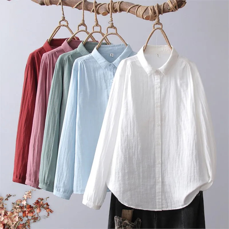 

Women's New Style Shirt Casual Solid Color Double Layer Yarn Cotton Loose Women's Cardigan Shirts Japanese Shirt