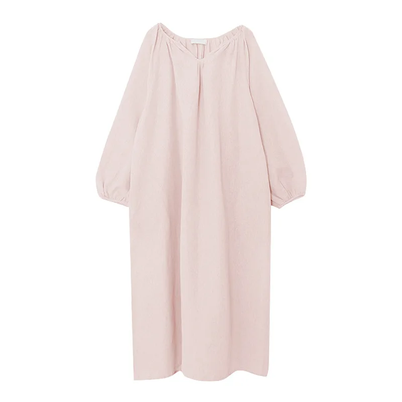 

Cute Solid Color Long Dresses Women Korean Lantern Sleeves V-neck Elegant Dress Linen High Street Outwear Casual Ladies Homewear