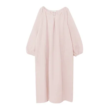 여성용 귀여운 단색 롱 드레스, 한국 랜턴 소매, V넥, 우아한 원피스 린넨, 하이 스트리트 아웃웨어, 캐주얼 숙녀 홈웨어 